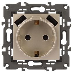 14-4109-04 ЭРА Розетка 2P+E 16A-250В, штор. с 2xUSB 5В-3А, Эра Elegance, шампань