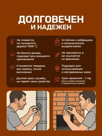 Герметик для печей 1 кг высокотемпературный, огнеупорный пластилин для каминов и дымоходов, термостойкий до 1300 C, жаропрочная замазка для ремонта кладки