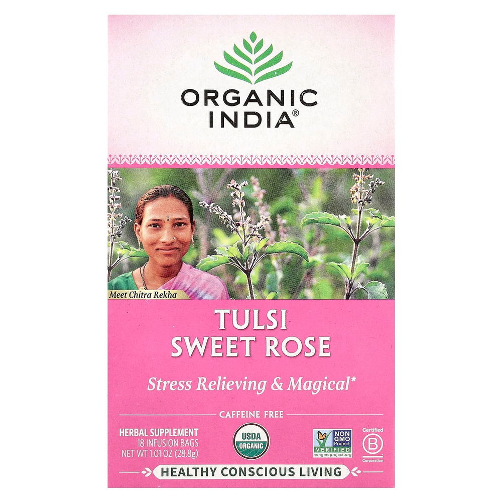 Organic India, чай с тулси, сладкая роза, без кофеина, 18 пакетиков, 28,8 г (1,01 унции)