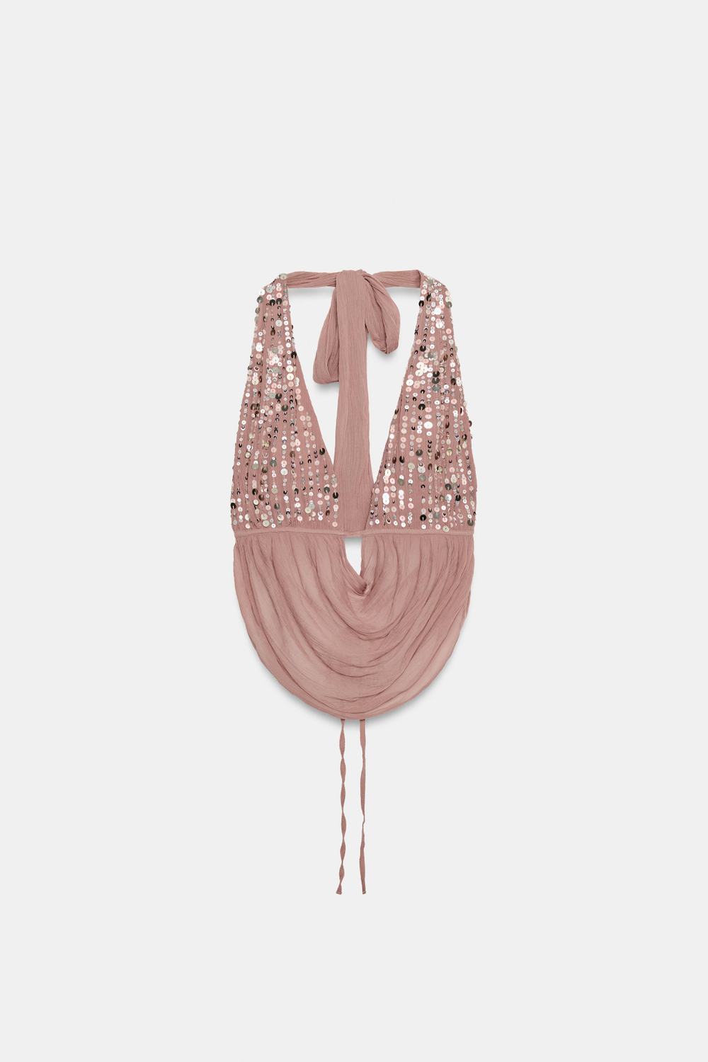 ZARA ТОП С ГОРЛОВИНОЙ ХАЛТЕР И ПАЙЕТКАМИ, ПЫЛЬНЫЙ РОЗОВЫЙ