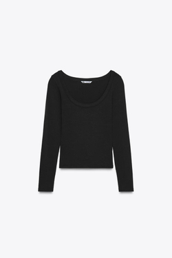 ZARA ФУТБОЛКА В РУБЧИК С ДЛИННЫМИ РУКАВАМИ, ЧЕРНЫЙ