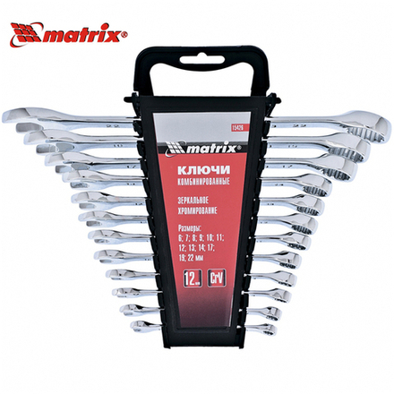 Набор ключей комбинированных, 6-22 мм, 12 шт, CrV, полированный хром Matrix