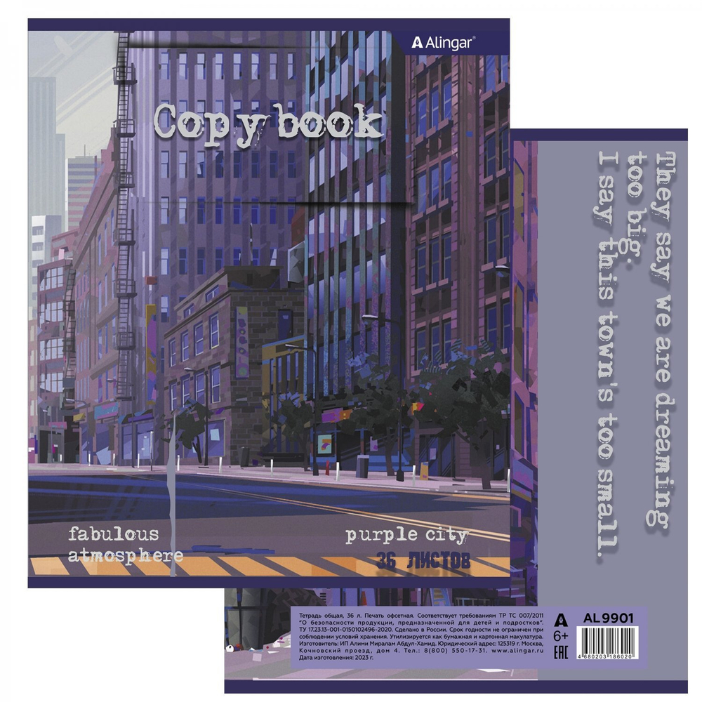Тетрадь 36 л., А5, линия, Alingar "Вечерний город", скрепка, второй блок 60г/м2, мелованный картон (стандарт), 4 дизайна в пленке т/у