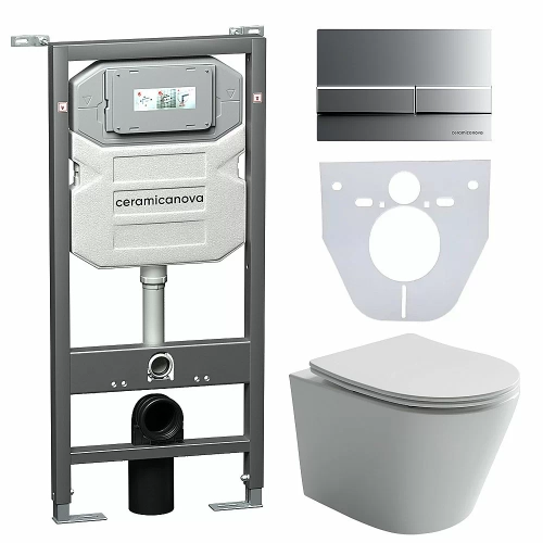 Унитаз подвесной Ceramica Nova Balearica CN6000_1002M_1000 безободковый, с крышкой микролифт, с инсталляцией и кнопкой матовый хром