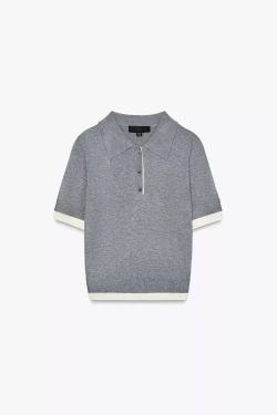 ZARA ТРИКОТАЖНЫЙ ТОП ПОЛО С КОНТРАСТНЫМИ ДЕТАЛЯМИ, СВЕТЛО-СЕРЫЙ