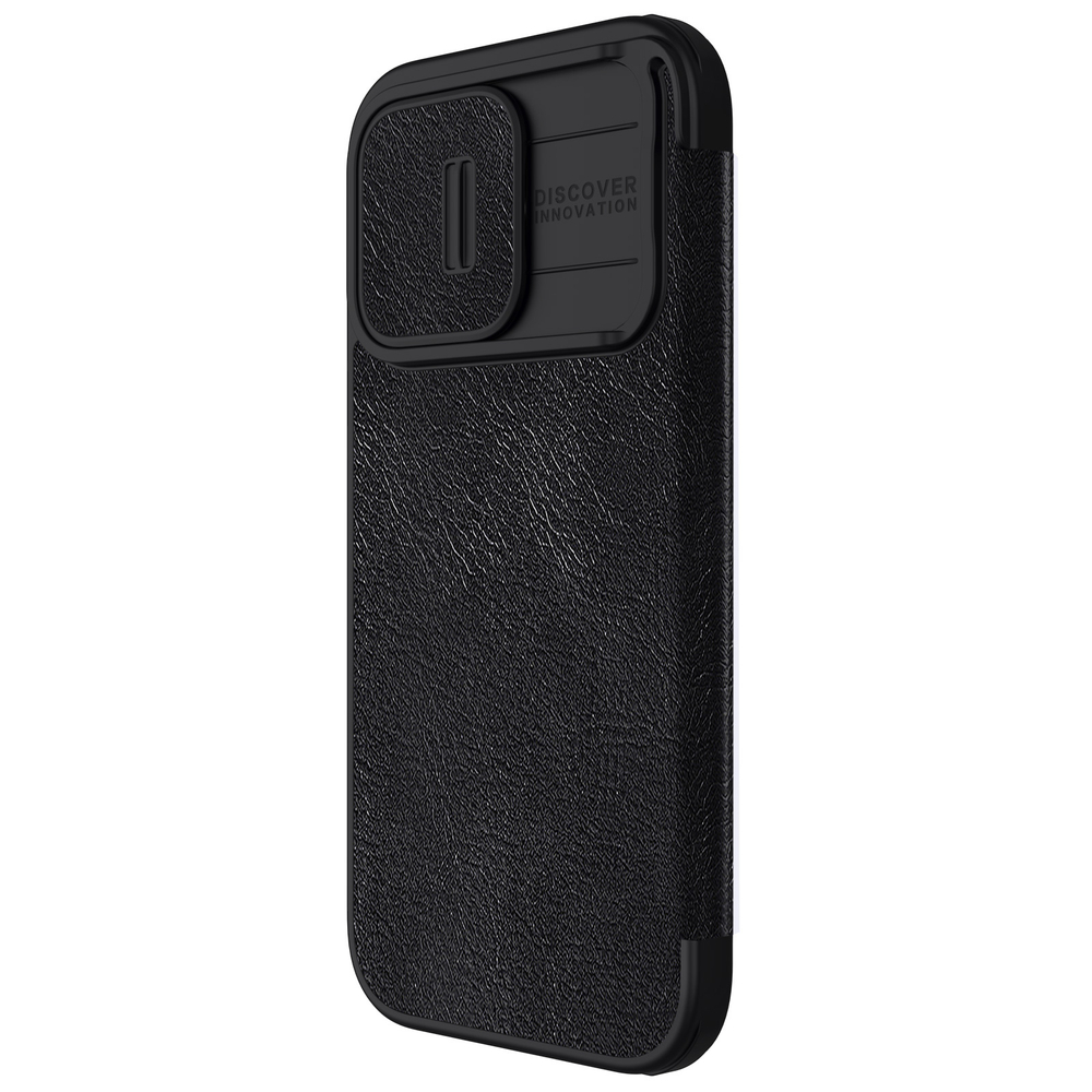 Кожаный чехол книжка черного цвета от Nillkin для iPhone 15 Pro Max, серия Qin Pro Leather с защитной шторкой для камеры