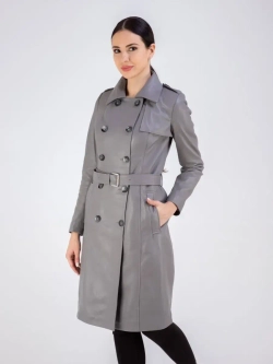 Тренч длинный кожаный с поясом плащ на весну