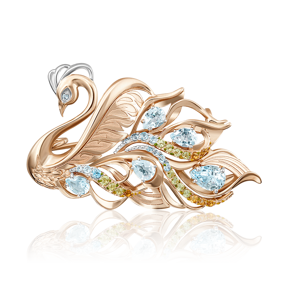 Брошь «Царевна Лебедь» из красного золота с миксом камней и эмалью