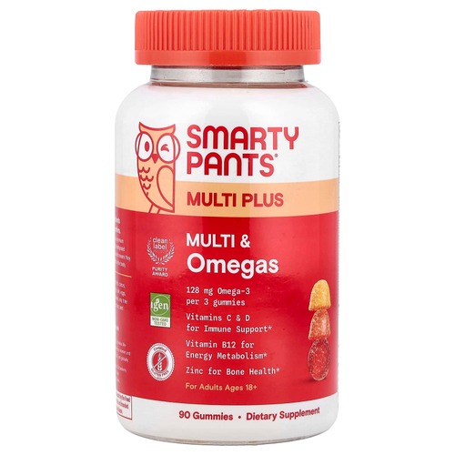 SmartyPants, Multi Plus, мультивитамины и омега, жевательные таблетки, лимон, апельсин и клубника с бананом, 90 жевательных таблеток