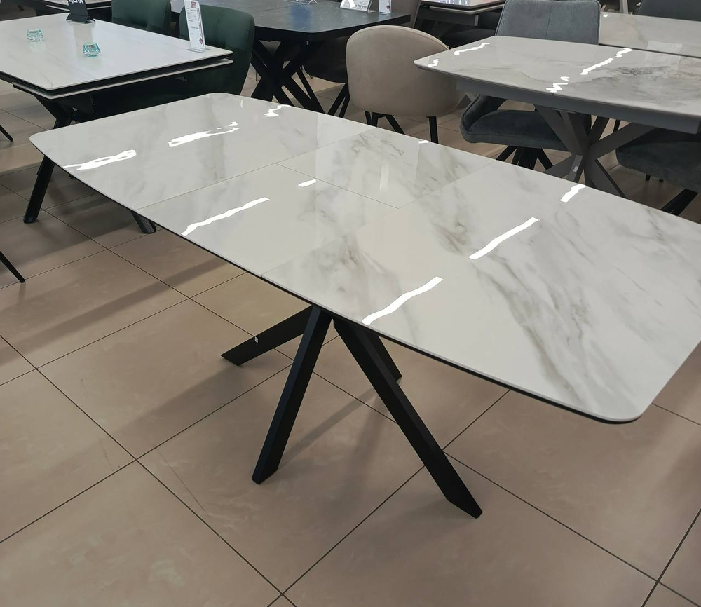Стол АРИЗОНА 130 БЕЛЫЙ МРАМОР АКТИВНЫЙ , керамика / Черный каркас, М-City