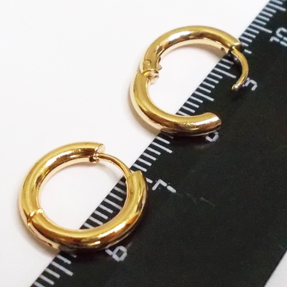 Серьги кольца с замком (диаметр 12мм) для пирсина ушей. Медицинская сталь, золотое анодирование. Цена за пару