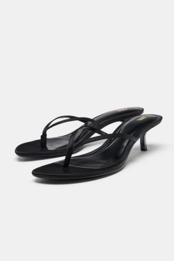 ZARA АТЛАСНЫЕ БОСОНОЖКИ НА КАБЛУКЕ KITTEN, ЧЕРНЫЙ