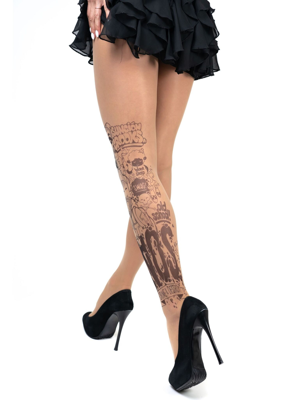 Колготки с принтом в виде художника и граффити (Размер: S-M-L) (Цвет: бежевый)