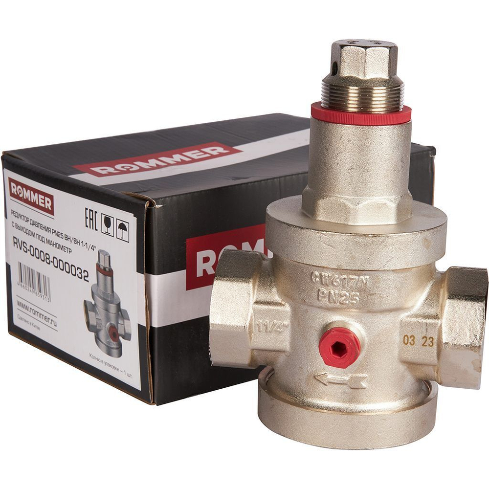 Редуктор давления PN25 1 1/4" вн/вн с выходом под манометр ROMMER (RVS-0008-000032)