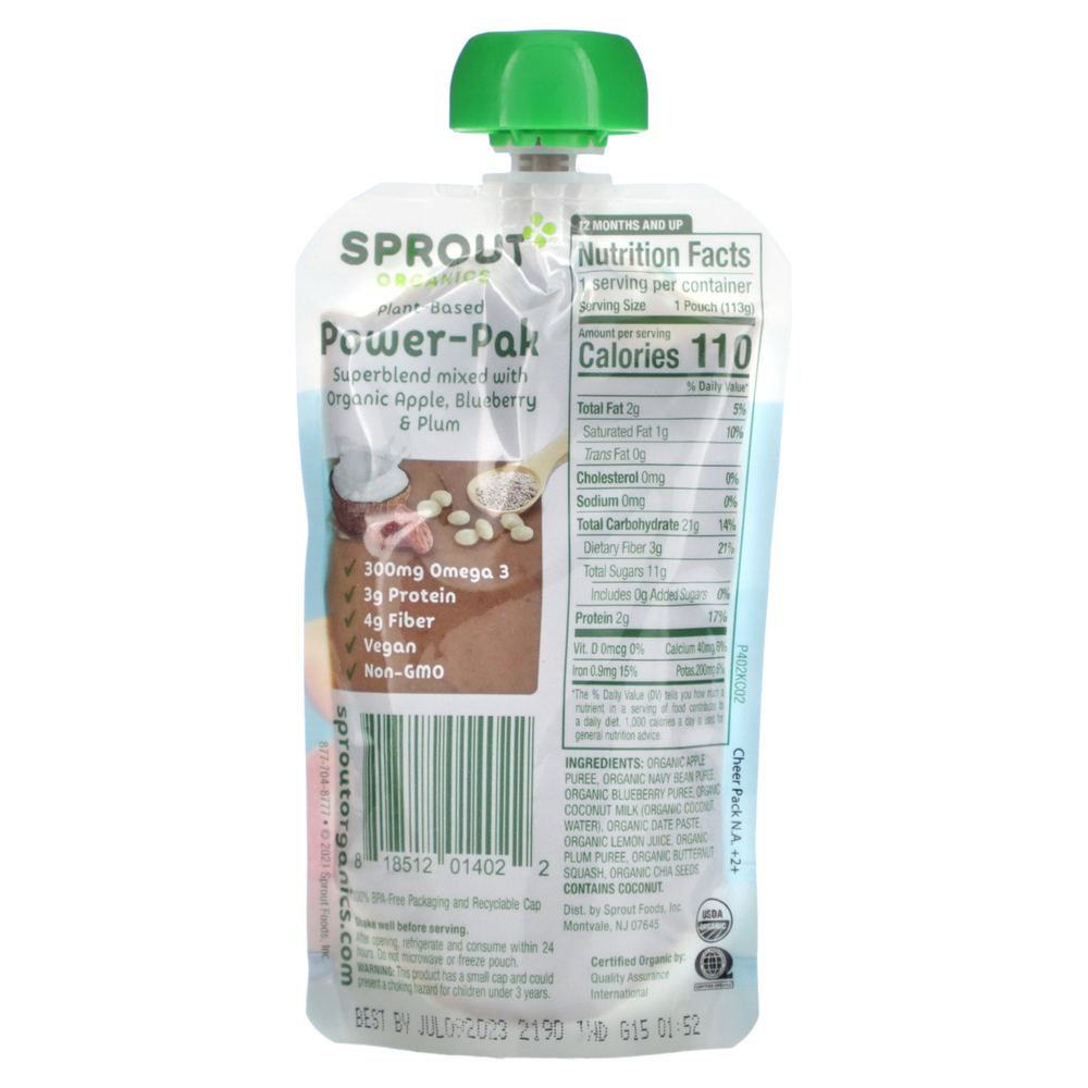 Sprout Organics, Power Pak, для детей от 12 месяцев, яблоко с суперсмесью и голубикой, 113 г (4,0 унции)