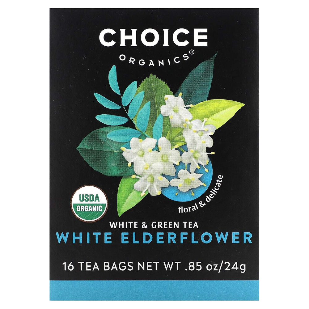 Choice Organic Teas, Белый и зеленый чай, белая бузина, 16 чайных пакетиков, 24 г (0,85 унции)