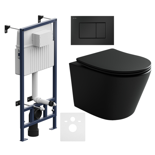 Комплект подвесной безободковый унитаз Ceramica Nova Balearica CN6000MB черный матовый с сиденьем микролифт + инсталляция Am.Pm ProC I012707.0238 с клавишей смыва ProC S, чёрная матовая