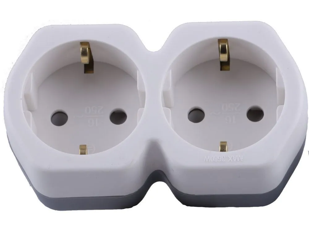 Разветвитель сетевой 2-местный с/з STEKKER ADP16-12-20, 250V,16A, ABS огнеустойчивый пластик, белый/серый Артикул 32870