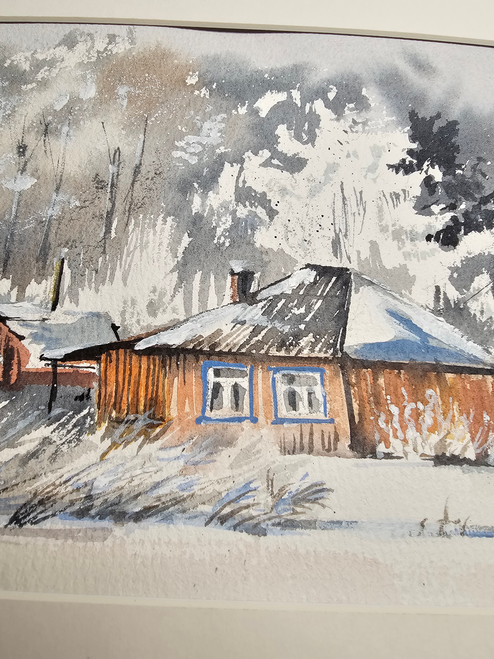 Картина авторская акварельная в паспарту 21*30 см на стену для интерьера "Зима"