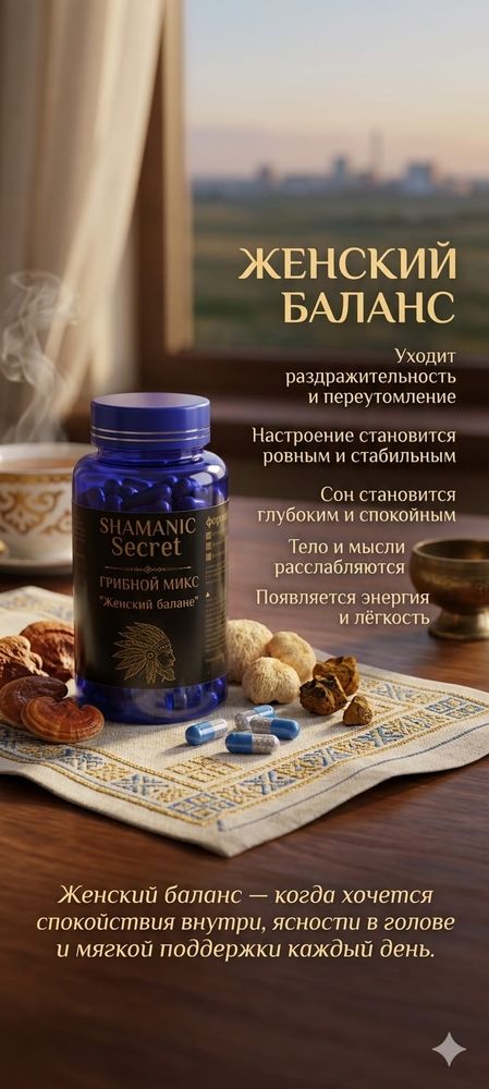 Грибной микс " Женский баланс" ( королевский мухомор, рейши, ежовик, ашваганда )