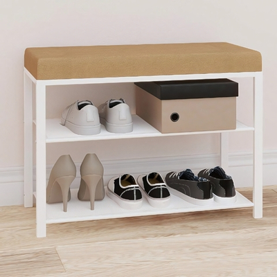 Банкетка для обуви 2-х полочная "Торонто 23S" цвет белый, цвет сиденья бежевый (ткань рогожка)