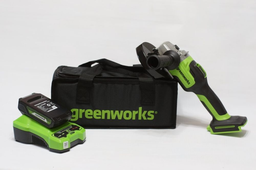 Аккумуляторная угловая шлифовальная машина Greenworks GD24AGK2,3200207UA, 24v, АКБ 2 А·ч и ЗУ,сумка