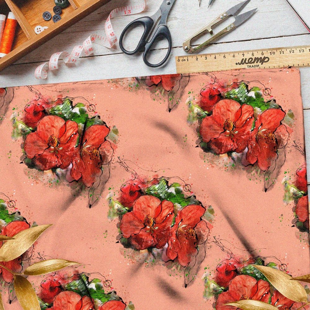 Ткань муслин красные цветы на оранжевом фоне