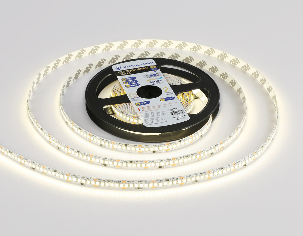 Светодиодная лента GS3402 2835 240Led/ 20W m/ 24V IP20 4500K/ 5000*10*1.2mm/ кратность резки 25mm (2 конт.)