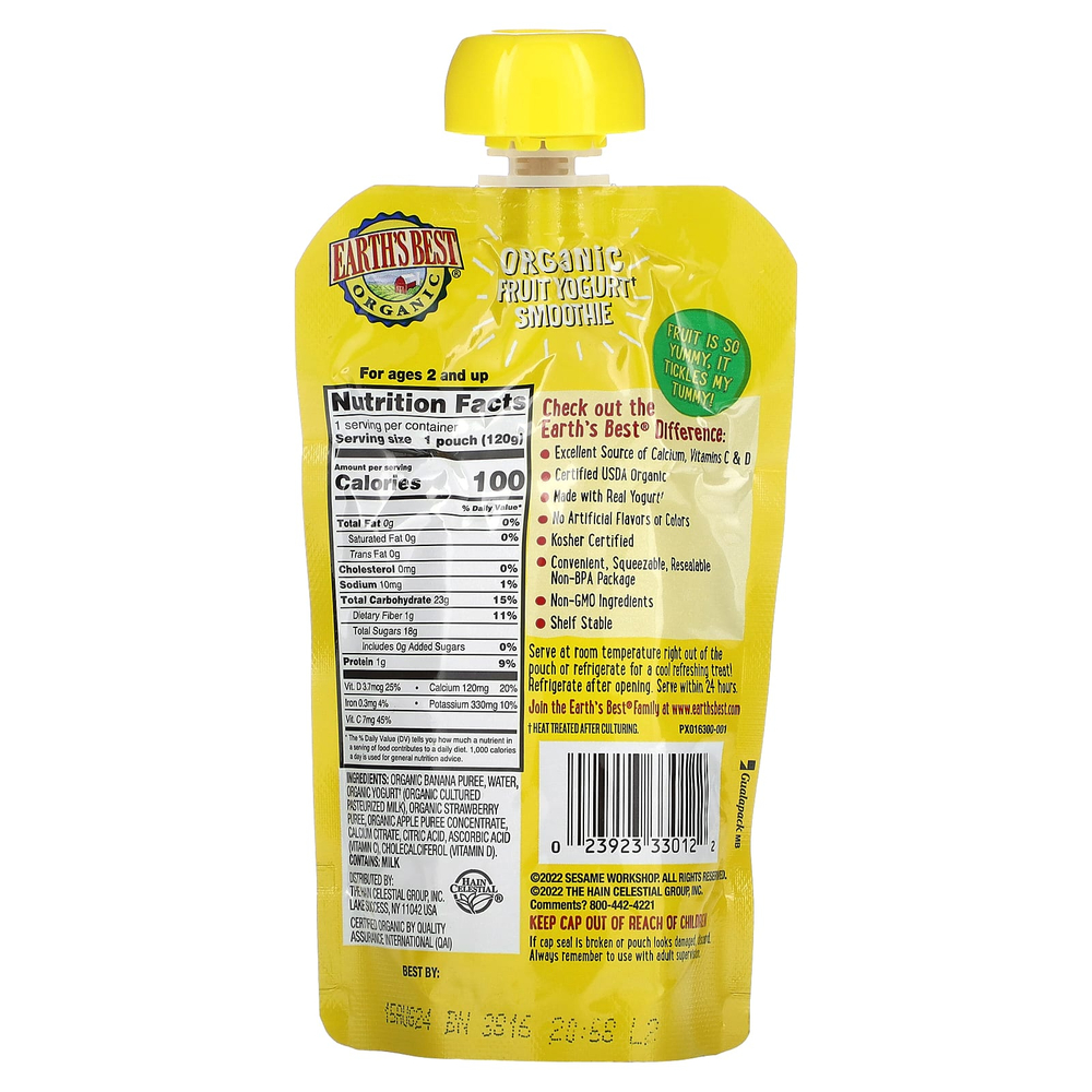 Earth's Best, органический фруктовый йогурт, для детей от 2 лет, клубника и банан, 120 г (4,2 унции)