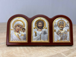 Триптих, Спаситель, Казанская БМ, Николай Чудотворец, икона, красное дерево 75х160