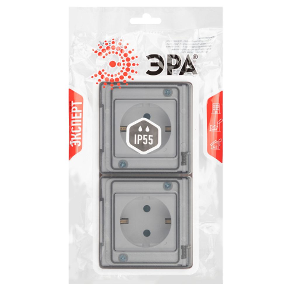 Розетка ЭРА Эксперт 11-2524-01 2х2P+E гориз. IP55, шторки, 16A-250В, СУ, белый