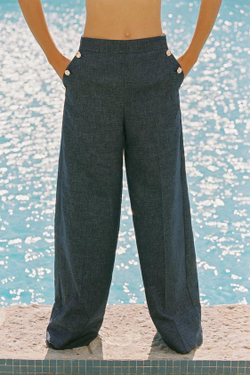 ZARA ШИРОКИЕ БРЮКИ С ПУГОВИЦАМИ ИЗ ЛЬНА, СВЕТЛЫЙ ИНДИГО