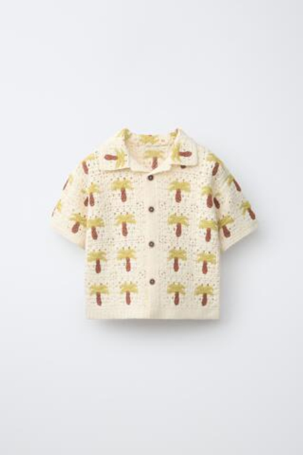 ZARA РУБАШКА С КРУЖЕВОМ КРОШЕ И ПАЛЬМАМИ, ЭКРЮ/ХАКИ