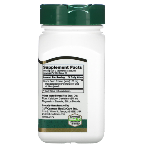 21st Century, Экстракт виноградных косточек, стандартизированный, 60 вегетарианских капсул (50 мг на капсулу)