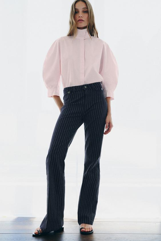 ZARA РУБАШКА С ОБЪЕМНЫМИ РУКАВАМИ ZW, БЛЕДНО-РОЗОВЫЙ