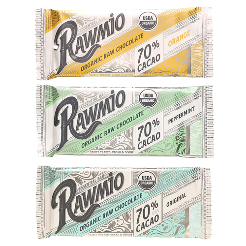 Rawmio, Essential Bar, органический необработанный шоколад, 70% какао, апельсин, перечная мята, оригинальный вкус, 3 батончика по 30 г (1,1 унции)
