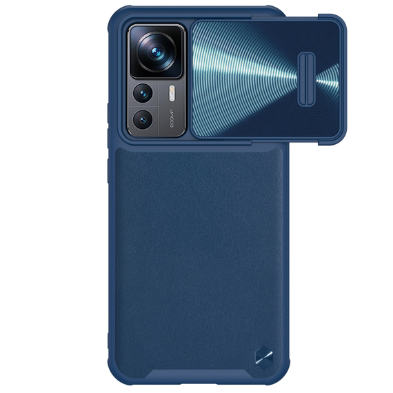 Чехол синего цвета с вставками из кожи от Nillkin для Xiaomi 12T Pro, полуавтоматическая конструкция сдвижной крышки, серия CamShield Leather Case S