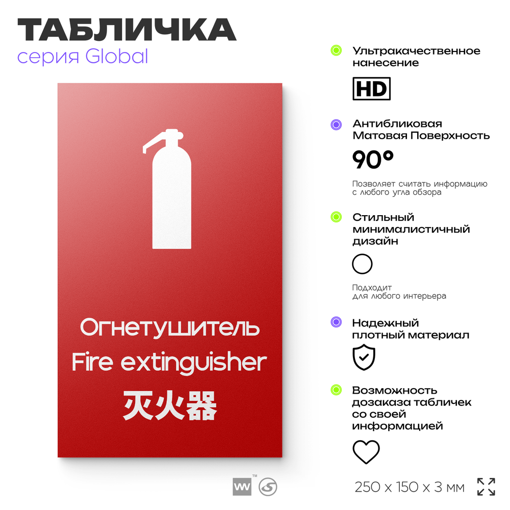 Табличка Огнетушитель, на дверь и стену, информационная и мультиязычная (русский, английский, китайский), серия GLOBAL, 25х15 см, Айдентика Технолоджи