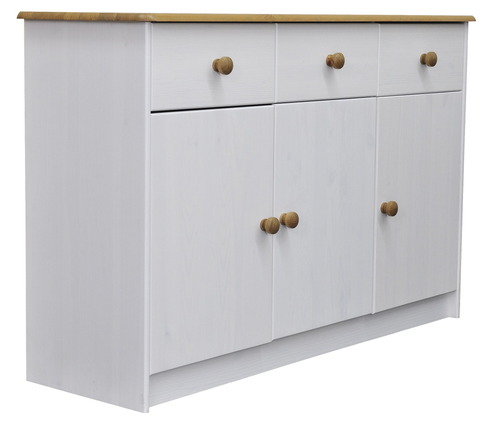 Комод 113х35х73, Хаба, с 3 ящиками для одежды и вещей, 3 двери, для прихожей, детской, спальни, из массива сосны, белый/антик, Dipriz