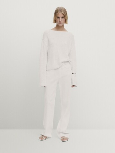 Massimo Dutti Хлопковый свитер с вырезом «лодочка», кремовый