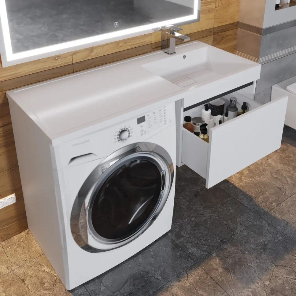 Тумба под стиральную машину с раковиной Uperwood Magenta 60/120 см, подвесная, белая/графит, выдвижной ящик, правая