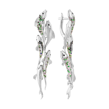 Серьги Рыбы с Цветными Сапфирами, Цаворитами и Бриллиантами, E0251-1/4