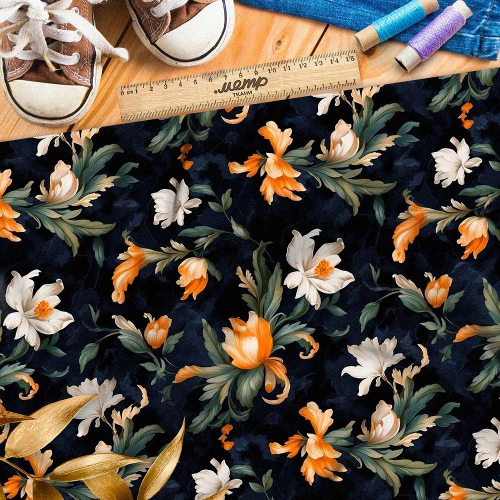 Ткань премиум дюспо цветочная фантазия на черном