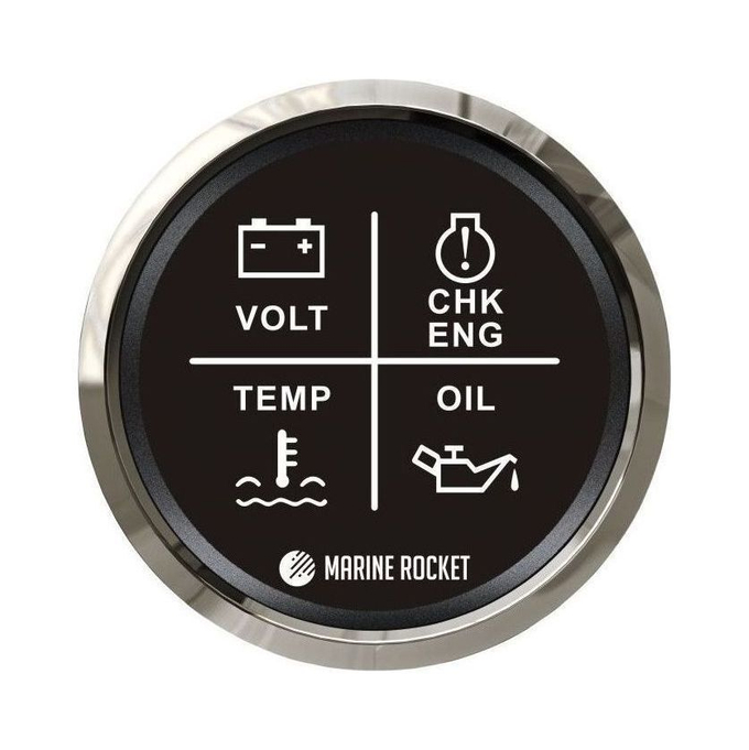Указатель аварийной сигнализации двигателя, черный циферблат, нержавеющий ободок, д. 52 мм, Marine Rocket