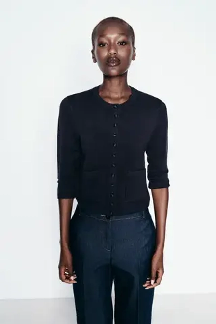 ZARA ОДНОТОННЫЙ КАРДИГАН С РУКАВАМИ 3/4, МОРСКОЙ СИНИЙ