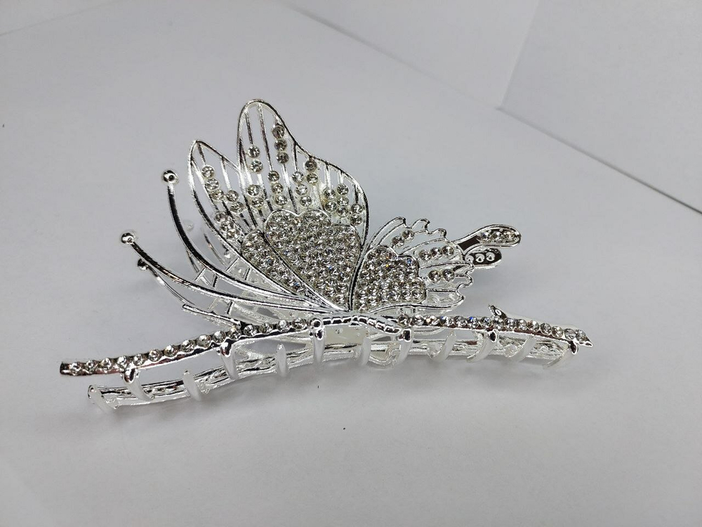 Заколка для волос "Бабочка", усиленная, с декором из страз, серебристый цвет