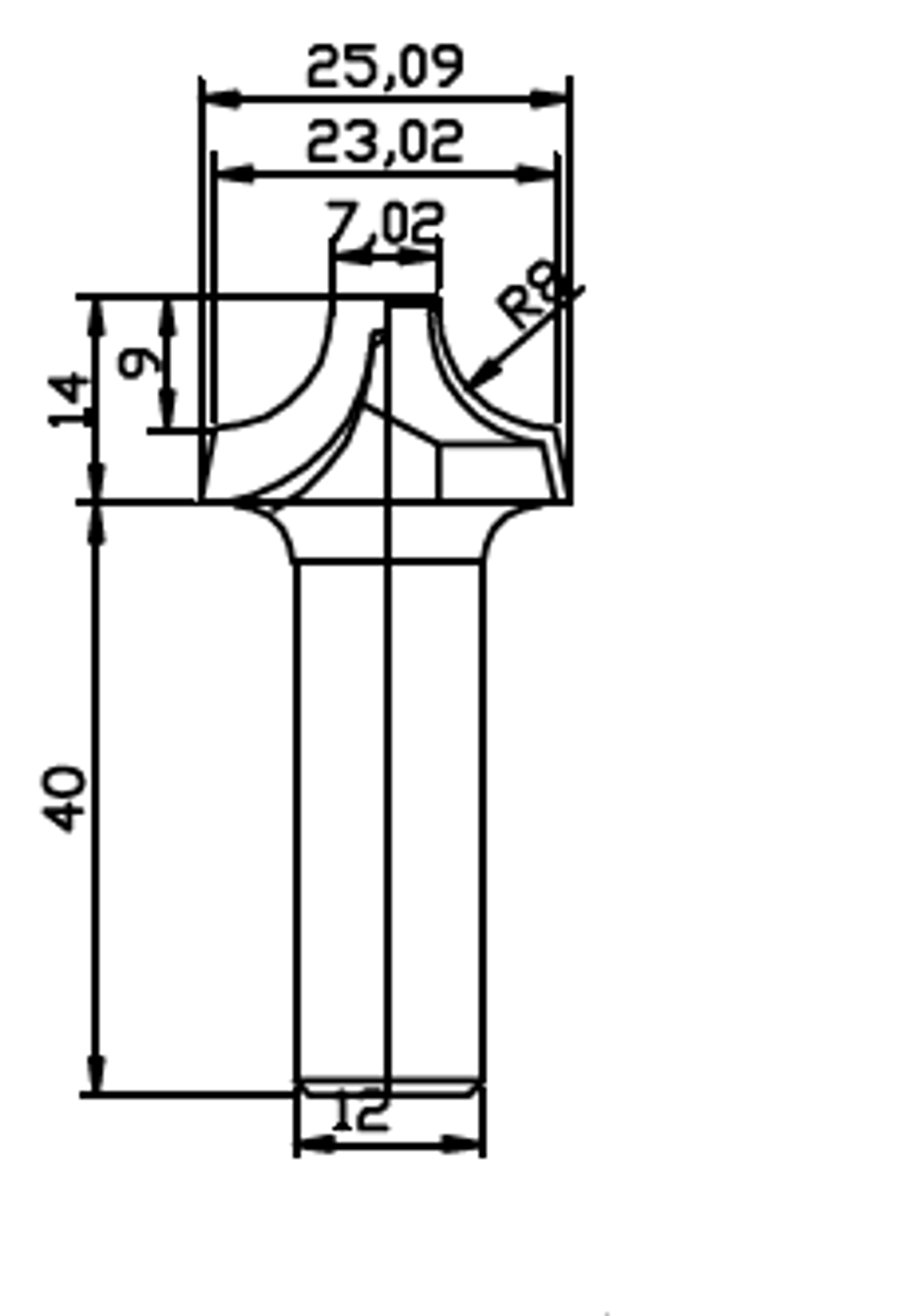 PCD профильная фреза D.25,09x12 14x40 Z2