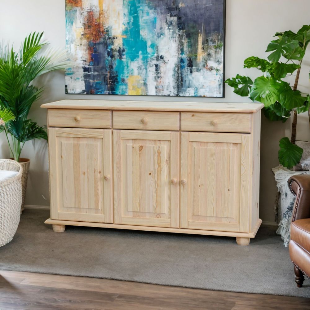 Тумба Лена 3 двери из массива сосны, с ящиками (нижняя часть буфета Лена), в натуральной отделке