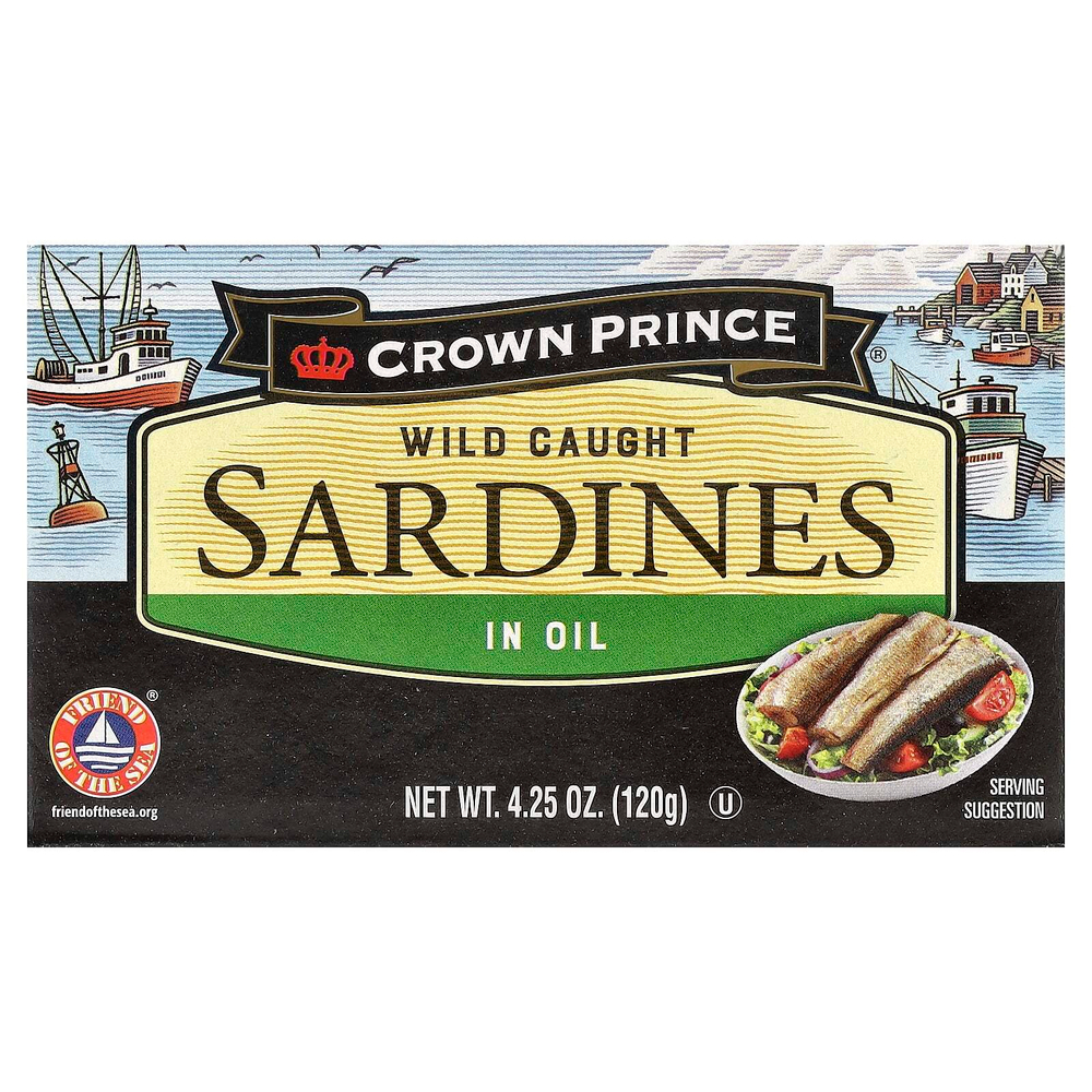 Crown Prince Natural, сардины дикого улова, в масле, 120 г (4,25 унции)