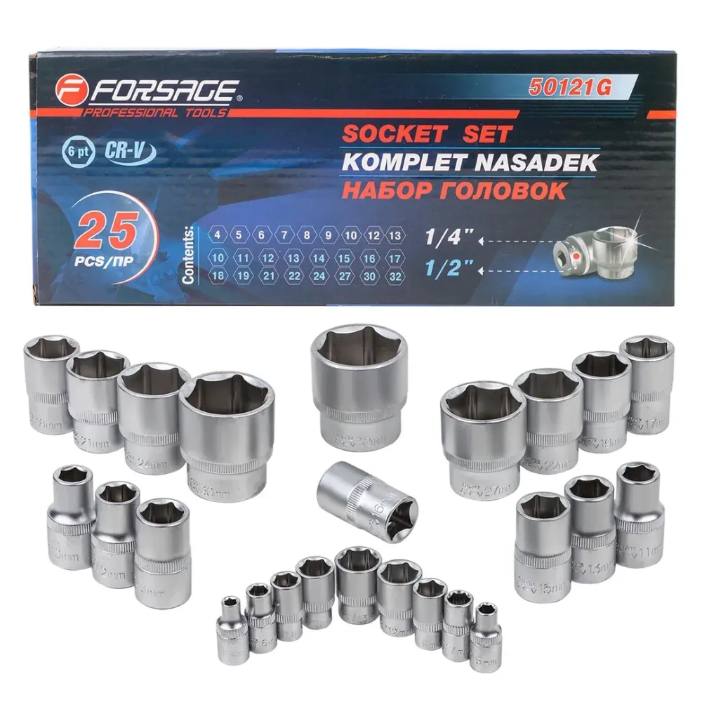 Головки 1/4'', 1/2'', набор 25пр. (6гр.) Forsage F-50121G